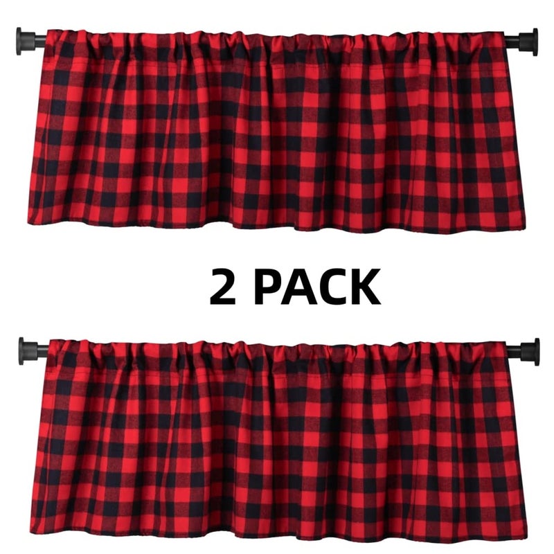 WOSIBO 2 Pack Buffalo Check Plaid Window Valances Red and Black Farmhouse Design Window Treatment Decor Curtains Rod Pocket Valances for Kitchen/Living Room 16" x 56" - Image 2